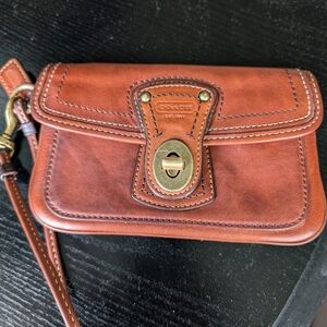 Coach Tan Leather Wristlet with Brass Turn-Lock